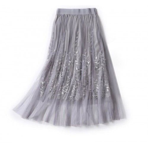  CHICWISH Womens Grey 3D Mesh Flower Embroidered Tulle Midi  Skirt