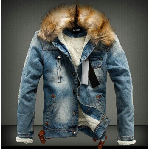 Mens Denim Jacket with Fur Collar Retro Ripped Fleece Jeans Jacket and Coat for Autumn Winter