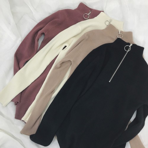 Zipper Turtleneck Solid Women Sweater Skinny Elastic Knitted Full Sleeve Pullover