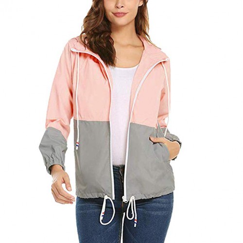 Women Patchwork Thin Hooded Rain Jacket Windbreaker