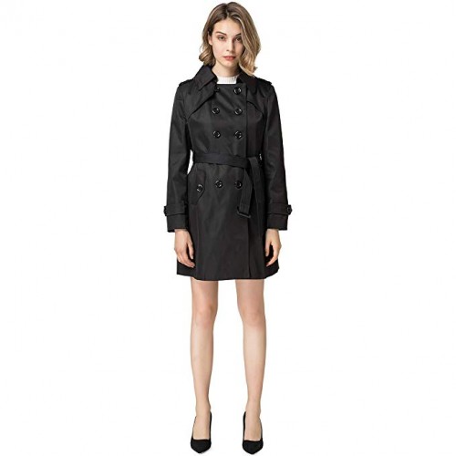 Women's Notched Lapel Long Jacket Double Breasted Mid Length Trench Coat with Belt